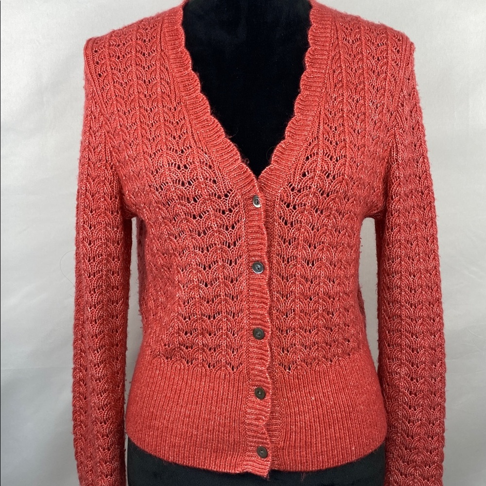 Sundance Leanna Pointelle Knit Cardigan Sweater Button Down Coral Size M
